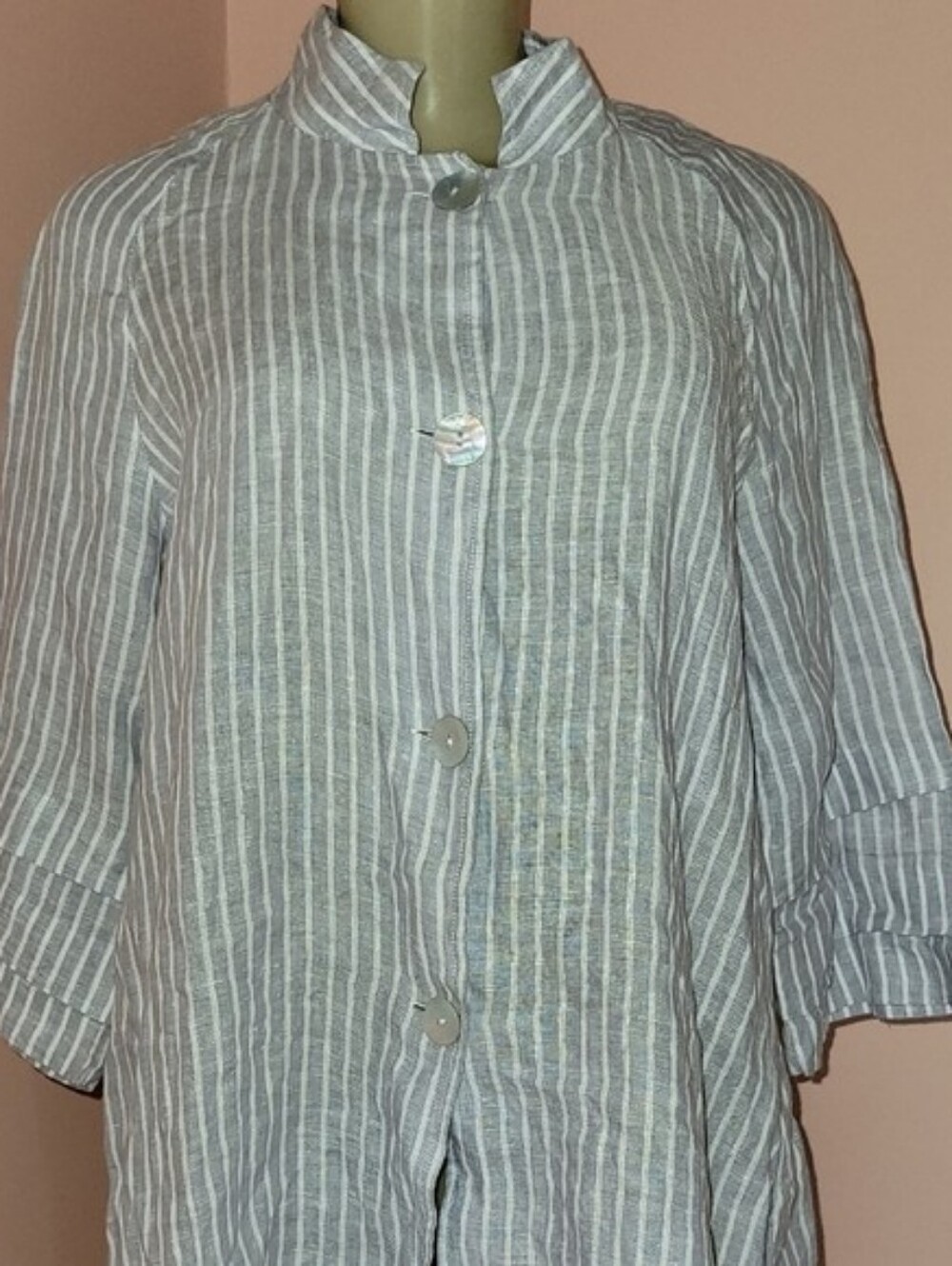 Boho Chic 100% Linen Striped Button Down Tunic Shirt Jacket with Pockets - M